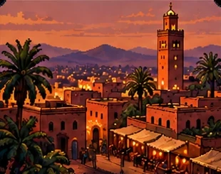 A medina de Marrakech e o minarete ao entardecer