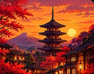 Um pagode de cinco andares entre bordos vermelhos ao pôr do sol, com o monte Fuji ao fundo