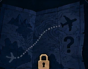 Mapa escuro com aviões, um ponto de interrogação e um cadeado