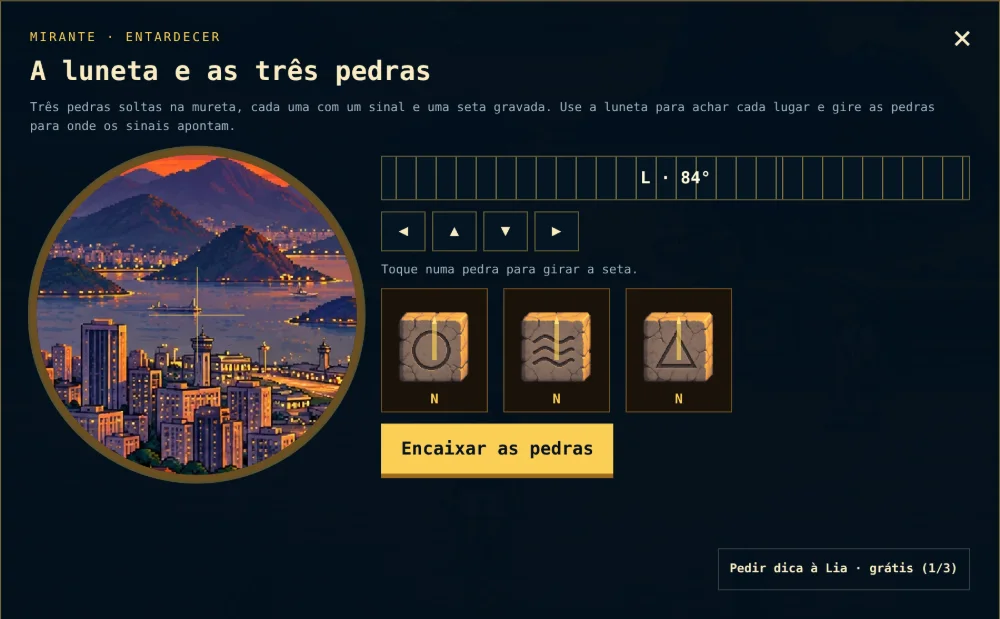 Desafio A luneta e as três pedras: uma luneta mostra a cidade e três pedras com sinais esperam ser giradas