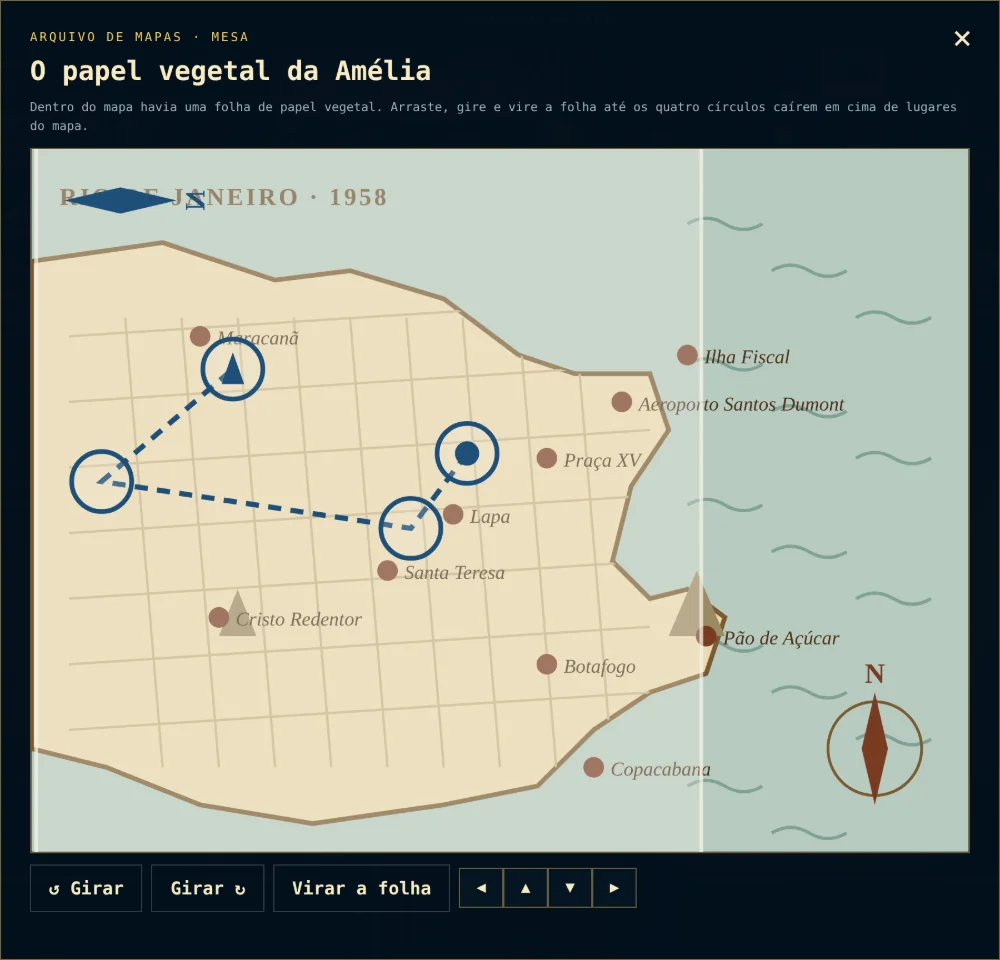 Desafio O papel vegetal da Amélia: uma folha transparente com círculos sobre um mapa antigo do Rio