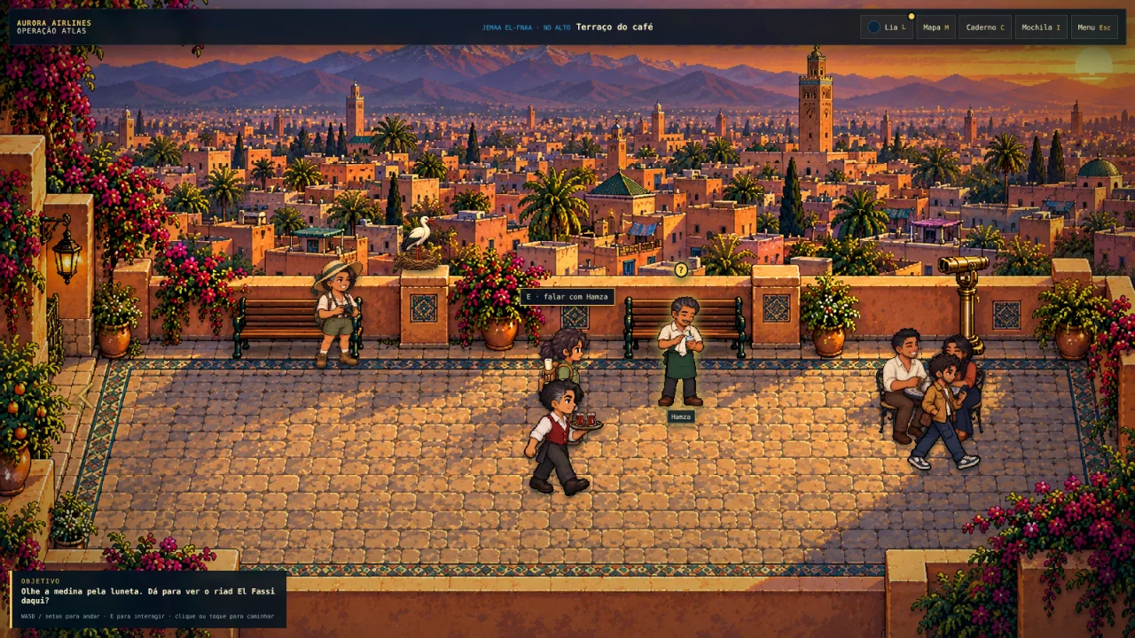 Captura do jogo: o terraço de um café sobre a medina, com as montanhas do Atlas ao fundo