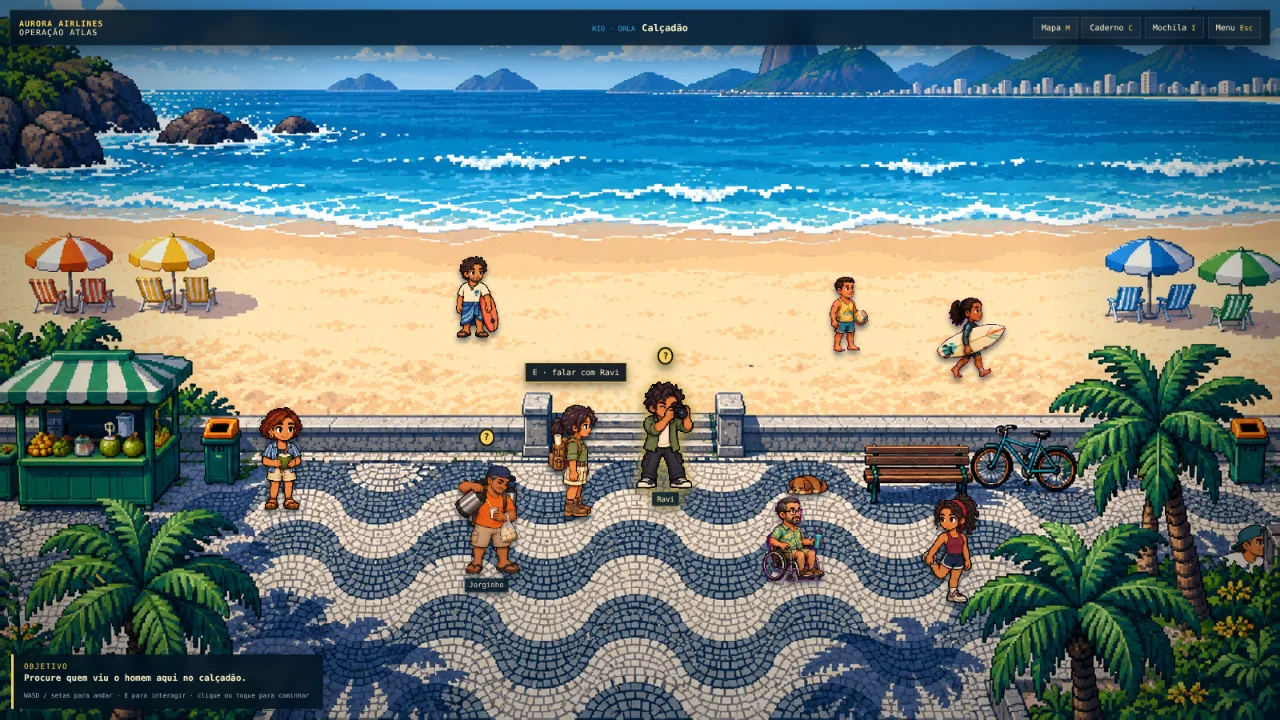 Captura do jogo: o calçadão de pedras portuguesas e a praia cheia