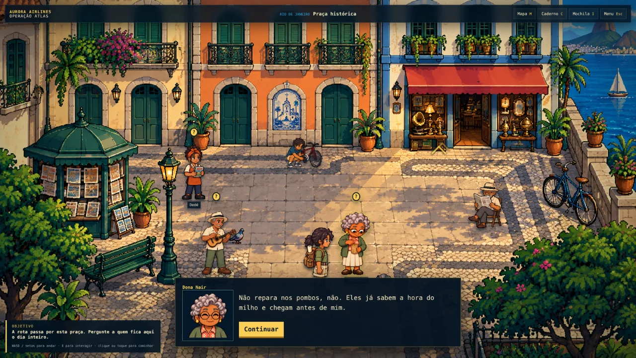 Captura do jogo: conversa com Dona Nair na praça histórica do Rio. Ela diz: Não repara nos pombos, não. Eles já sabem a hora do milho e chegam antes de mim.