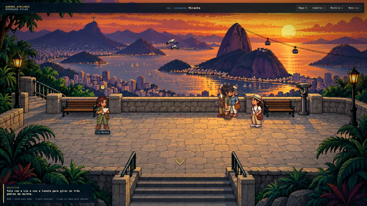 Captura do jogo: o mirante ao pôr do sol, com o Pão de Açúcar e a Lia Moreno