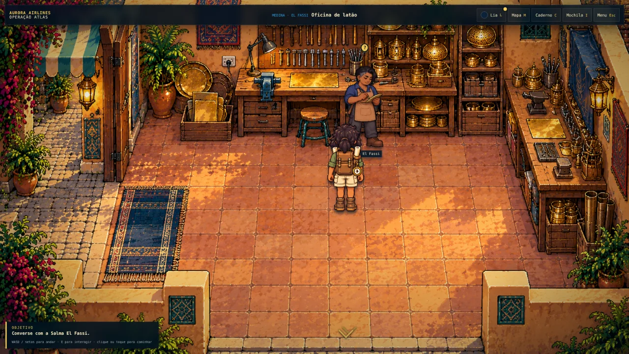 Captura do jogo: a oficina de latão, com bandejas e lanternas douradas