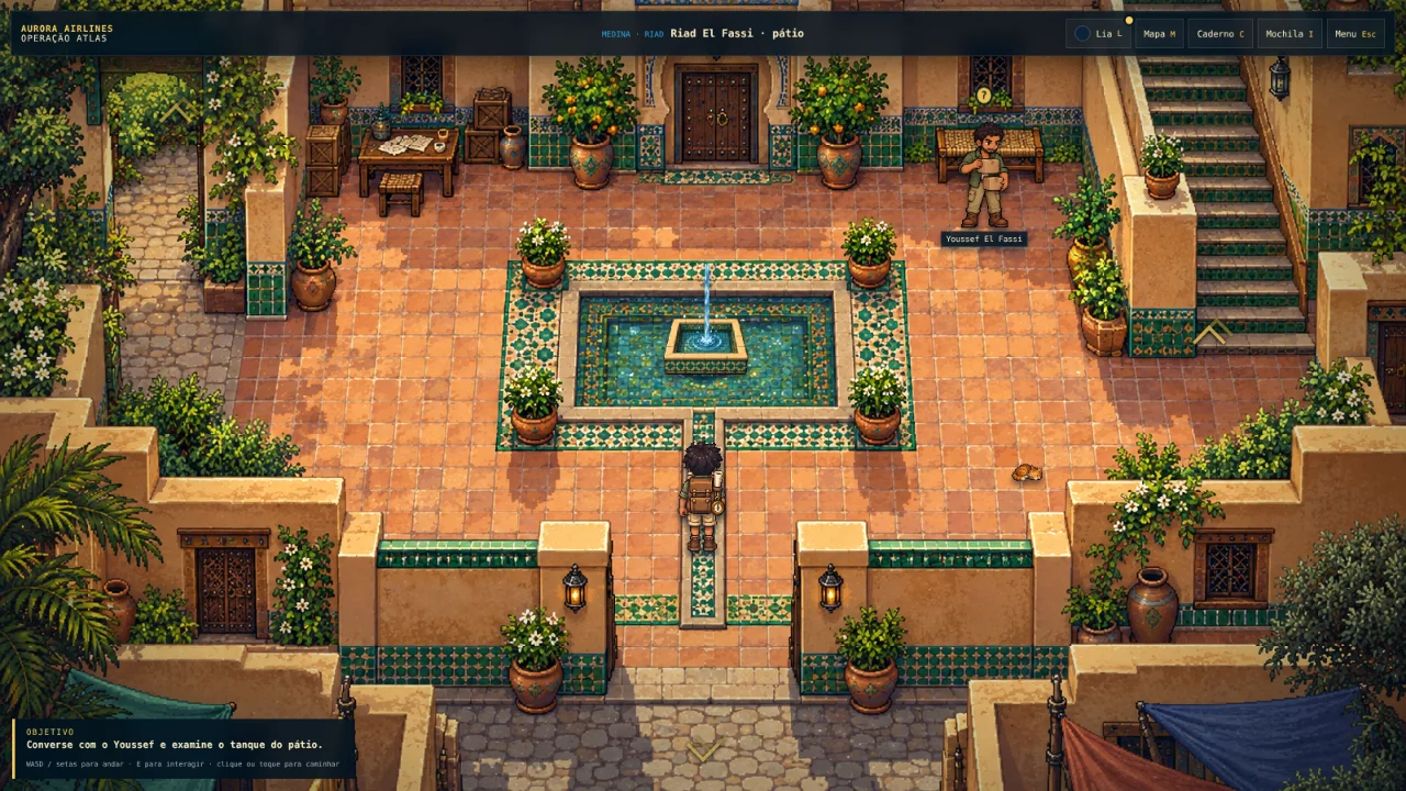 Captura do jogo: o pátio de um riad com fonte de azulejos verdes