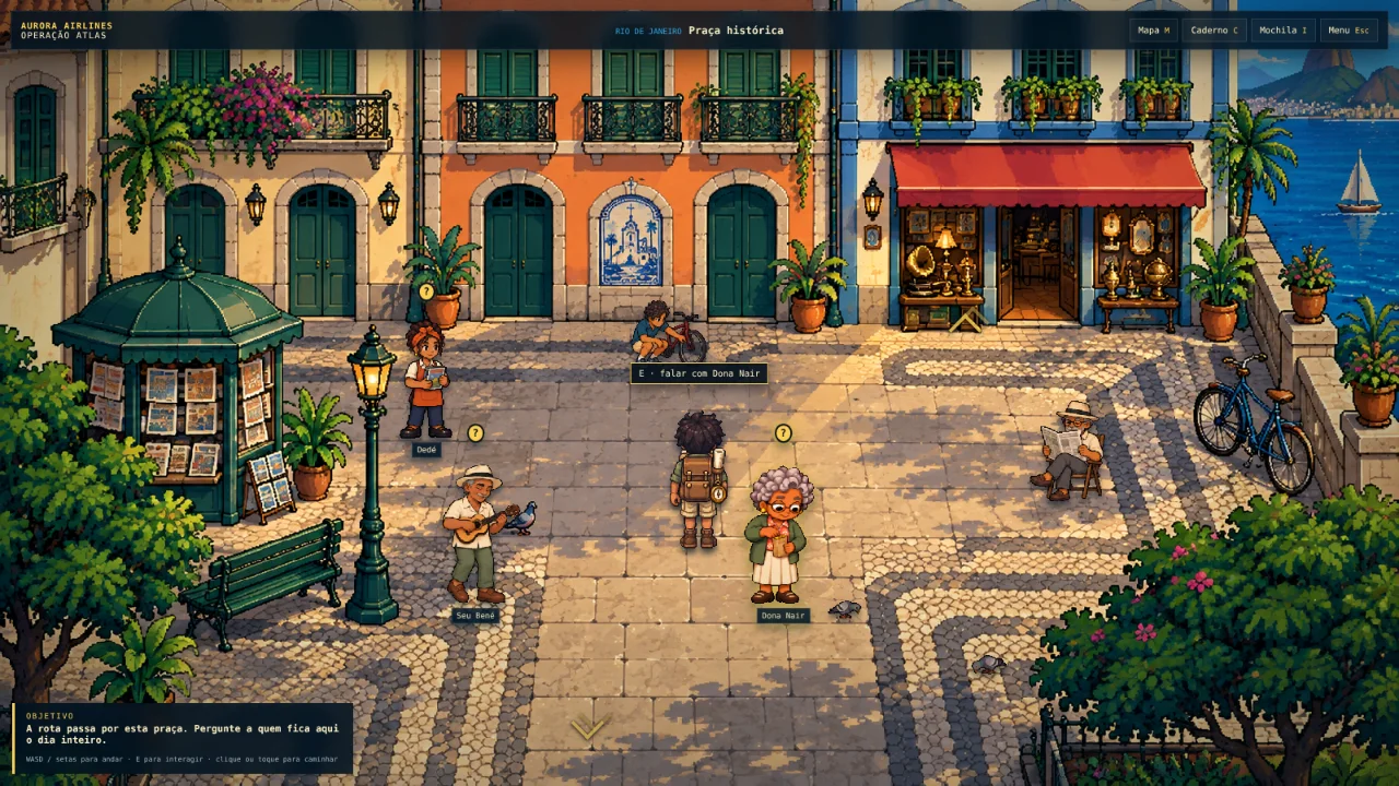 Captura do jogo: a praça histórica do Rio, com banca de jornal, músico e Dona Nair