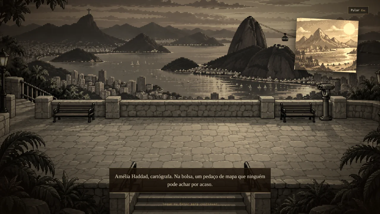 Captura do prólogo do jogo, em sépia: o mirante de Santa Teresa em 1962 e a fotografia de Amélia Haddad. Texto: Amélia Haddad, cartógrafa. Na bolsa, um pedaço de mapa que ninguém pode achar por acaso.