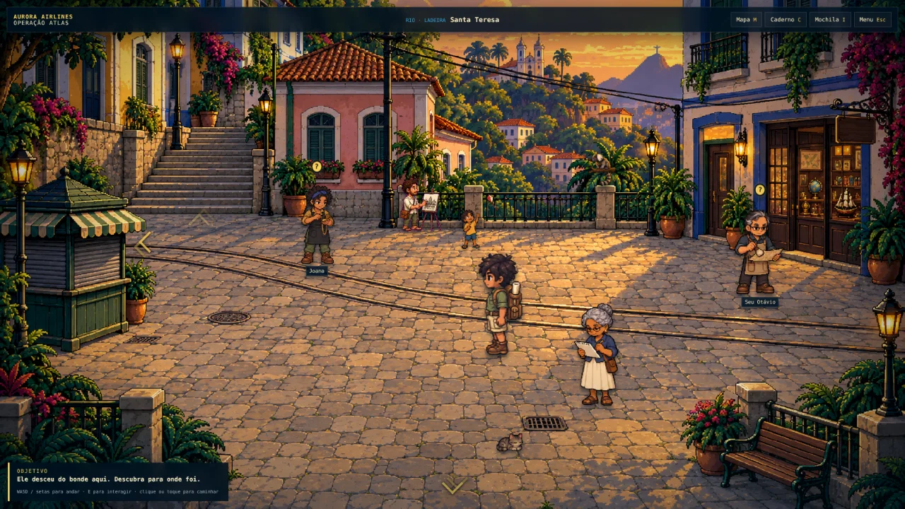 Captura do jogo: o largo de Santa Teresa ao entardecer, com trilhos de bonde